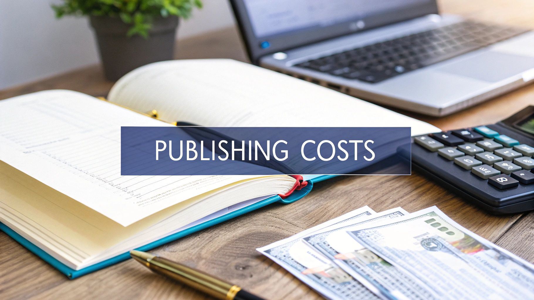 Notebook with financial documents and calculator, featuring overlay text "Publishing Costs," relevant to expedited probate cost analysis.