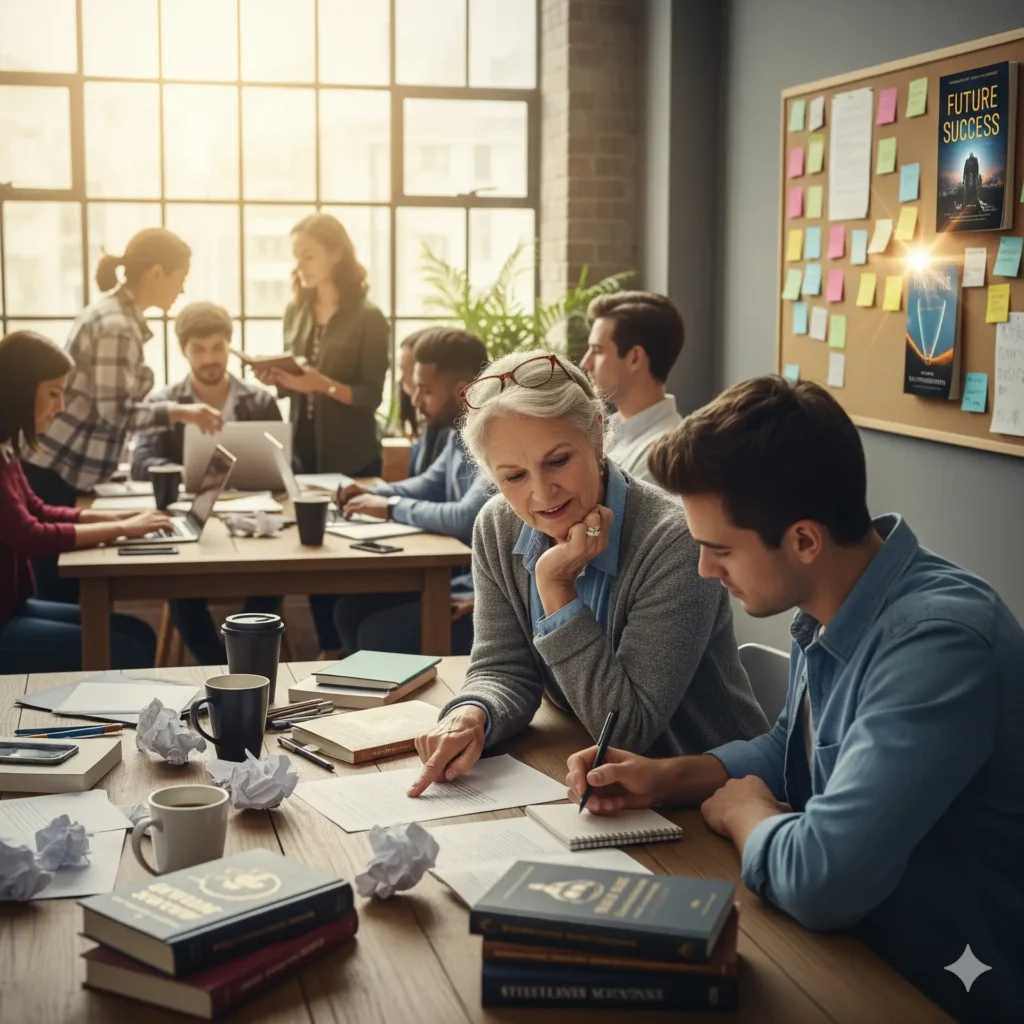 An author sitting and working with his writing coach.