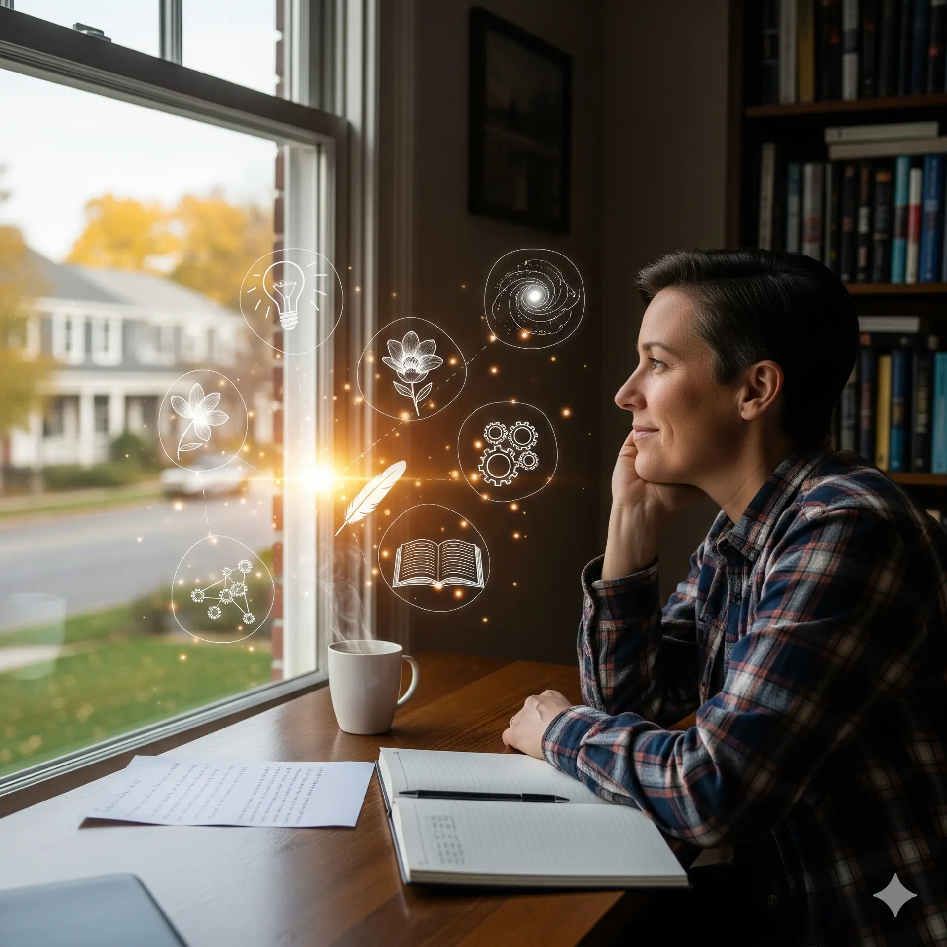 Author sitting at a desk working on her manuscript, preparing for book publishing